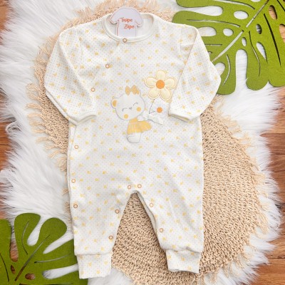   Macacão Trape Zape - Ursinha Adoro Flores - Off White e Amarelo